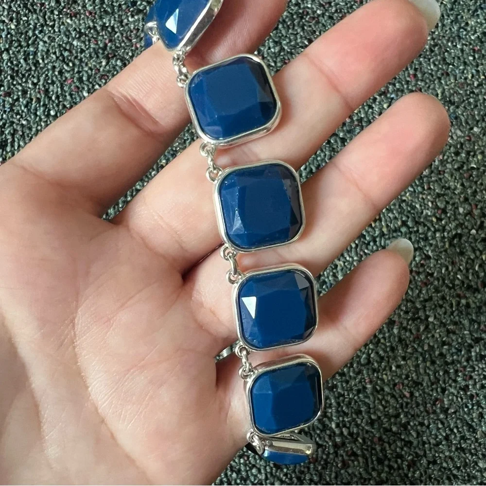 Vintage 2010s Square Cut Navy Blue Stone Bezel Facets Silver Statement Necklace